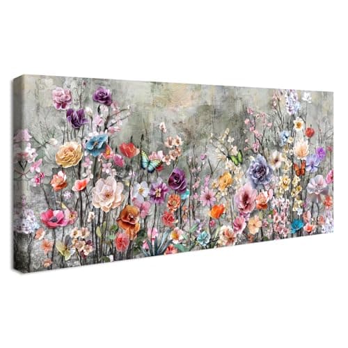 Image of Wooden Framed Large Canvas Wall Art Vintage Colourful Flowers Painting on Canvas Prints Poster Eustoma Peony Phalaenopsis Butterflies Pictures for Living Room Bedroom Restaurant Wall Decor 50x120cm