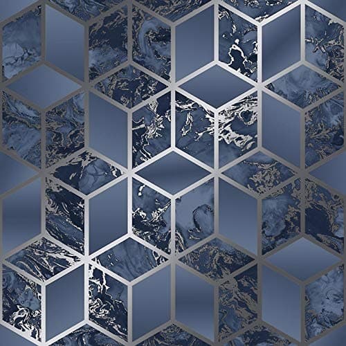Image of Geometric Cube Liquid Marble Navy Silver Wallpaper Elixir Metallic Modern
