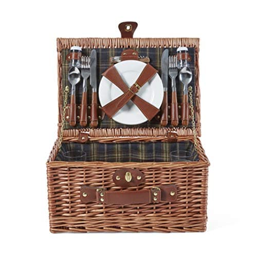 Image of Tower Coast & Country CC879021 Heritage 4 Person Wicker Picnic Basket with Ceramic Plates, Cutlery Sets, Plastic Wine Glasses, Bottle Opener, Brown