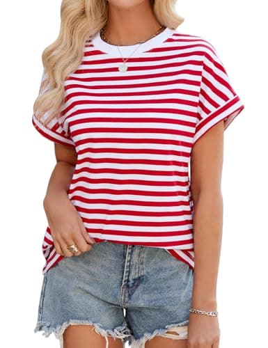 Image of Lonya Womens Tops Oversized T-Shirts Summer Crew Neck Short Sleeve Casual Striped Blouse Tunic Basic Tee Shirts Z-Red-White,M