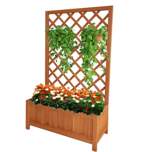 Image of Vivo Technologies Large Rectangular Wooden Planter with Liner and Lattice Trellis Panels for Climbing Plants, 70x30x135cm Flower Plant Pot Box for Garden Patio, Natural