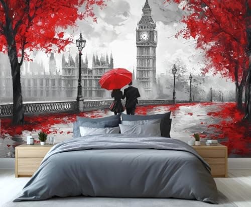 Image of YXQAIED City Street Wallpaper, London Big Ben Bedroom Wall Paper, Not Self Adhesive Couple’S Back Wallpaper for Living Room, Red Tree Apartment Wall Murals & Room Decor, 200x140cm
