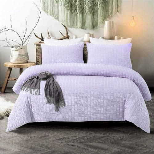 Image of 3 Pieces Lavender Purple Seersucker Duvet Cover with 2 Pillowcases Seersucker Bedding Set with Zipper Closure,Soft Microfibre,Double Size 200×200cm