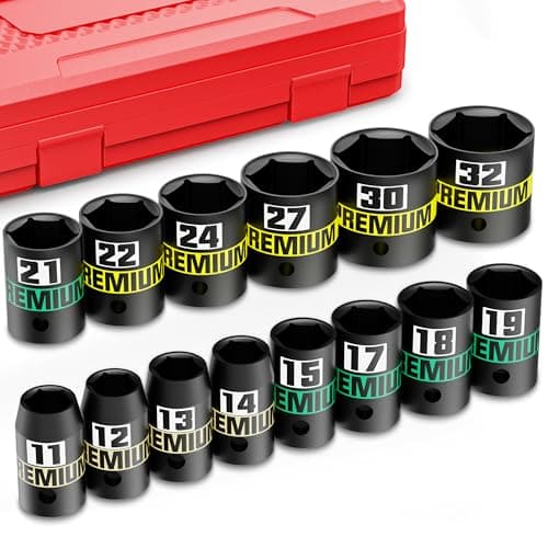Image of Aurlloct 1/2" Drive Impact Socket, 14Pcs Shallow Impact Socket Set, 11-22 mm Semi-Deep Sockets, Repair Automotive Truck Tractor Engine Maintenance