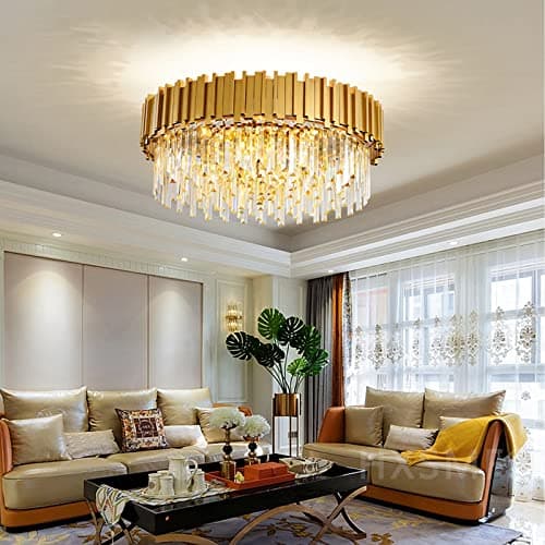 Image of Luxury E14 Crystal Chandelier,2 in 1 Chandeliers Ceiling Light,Gold Ceiling Lights Living Room,Round Lampshades 3 Tiers K9 Crystals Pendant Light (55 * 55 Cm Gold)