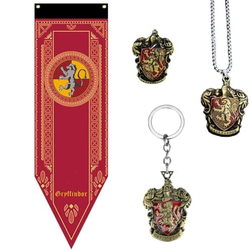 Image of Harry Potter Hogwarts House Gryffindor Bundle Includes a 19” x 60” Banner, a Lapel Pin, a Necklace and Keychain all themed Gryffindor House –Harry Potter Bundle Set brought to you by Edgell House