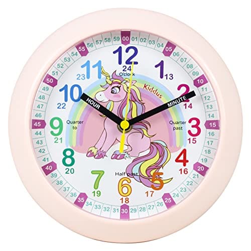 Image of Kiddus Wall Clock for Boys and Girls. Silent Analogue Time Teacher with Exercises. Easy to Read and Learn the Time. New Unicorn
