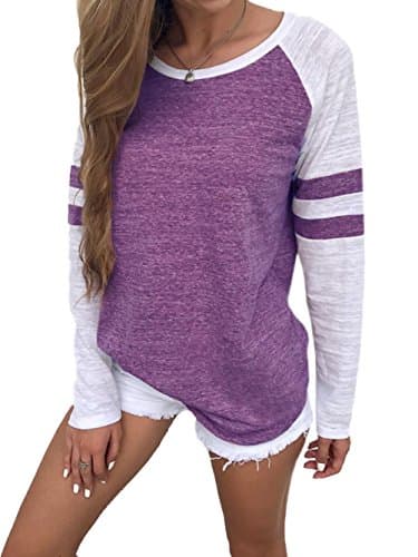 Image of Famulily Women's Long Sleeve Baseball Tee Shirt Crew Neck Colorblock Striped Tops(Purple,XX-Large)