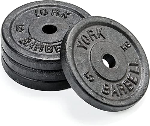 Image of York Fitness Cast Iron Weight Plates fit all standard 1 inch diameter bars - Dumbbell Weights Set Perfect for Bodybuilding Weight Lifting Home Gym Equipment - 4x5 Kilograms, Black