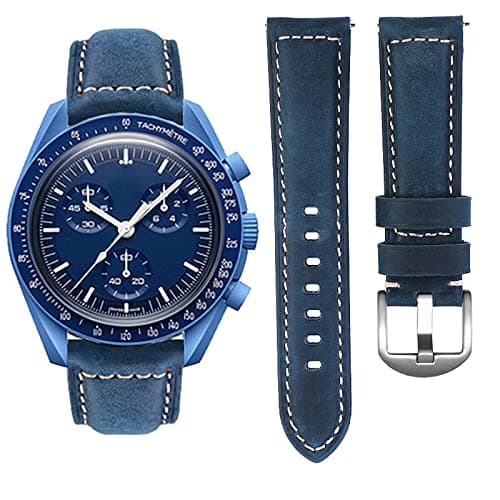 Image of Stanchev Leather Watch Strap for Omega X Swatch Moonswatch/Rolex/Seiko, 20mm, No Gap (Blue)