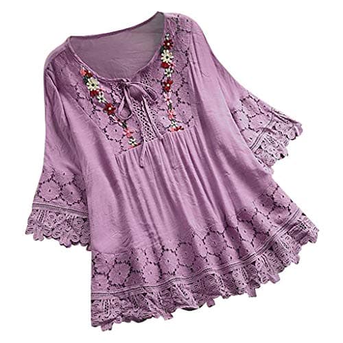 Image of GMQWRK 3/4 Bell Sleeve Blouse for Women Stylish Floral Embroidered Tie Neck Tunic Tops with Lace Trim Lightweight Casual Patchwork Hollow Out Shirt Ladies Longline Blouses Plus Size Purple