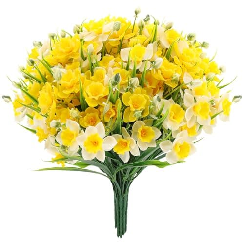 Image of saerryor 12 Pack Artificial Daffodils Fake Narcissus Flowers UV Resistant Indoor Outdoor Home Decor Realistic Yellow White Bouquet for Wedding Centerpiece