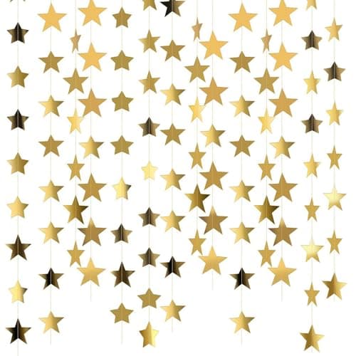 Image of Reflective Star Paper Garland, 65 Feet Gold Star Bunting Party Garland Decorations Glitter Stars Hanging Banner for Birthday Wedding