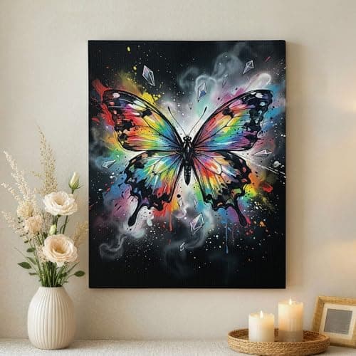 Image of Colorful Butterfly Canvas Wall Art, Vibrant Multicolor Abstract Print, Modern Home Aesthetic Decor for Living Room, Bedroom, Office, Wrapped Canvas 16x20 Inch