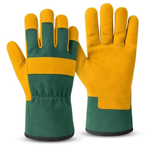 Image of KEPLIN Gardening Gloves Pair for Men & Women – Premium Cowhide Leather and Fabric, Thorn & Puncture Resistant, Breathable & Durable Work Gloves for Gardening, Farming & DIY – Medium 25cm, Yellow&Green