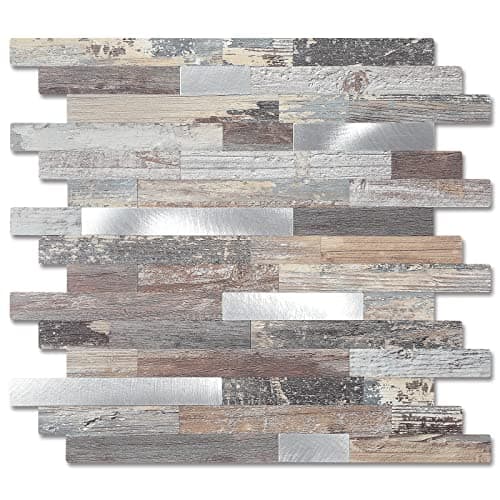 Image of Yipscazo Peel and Stick Wood Metal Tile Backsplash, Stick on Tiles for Backsplash Kitchen, Bathroom, Laundry Room, Camper, Fireplace (12" X 12",10 Sheets in Nature Wood)