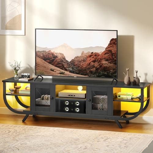Image of YITAHOME Industrial 160cm TV Stand Cabinet with LED Lights,TV Unit with Storage Cabinets & Open Shelves, Metal Frame TV Cabinet Fits Up to 70 Inch TV for Living Room,Black
