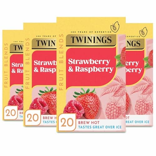 Image of Twinings Strawberry and Raspberry Fruit Infusion Flavoured Tea - 80 Biodegradable Bags (Multipack of 4 x 20)|Caffeine and Sugar Free Herbal Vegan Tea with Natural Fruit Flavors|Refreshing Berry Blend