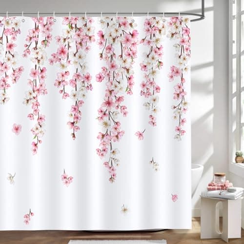 Image of Bonhause Pink Cherry Blossom Shower Curtain Japanese Sakura Floral Spring Bathroom Curtain 180 x 180 cm Waterproof Mildew & Mould Resistant Polyester Fabric Bath Curtain with 12 Hooks