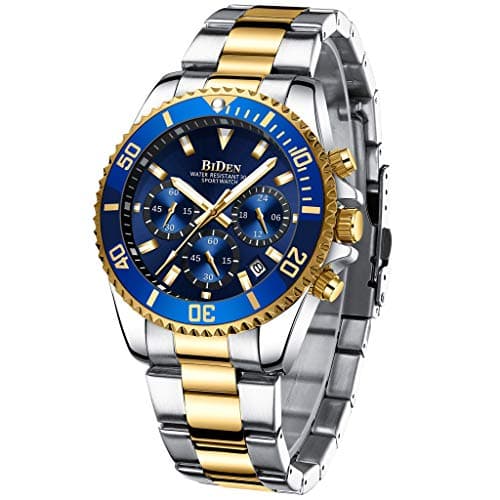 Image of Designer Chronograph Military Waterproof Analogue Quartz Men Stainless Steel Wrist Watch Fashion Large Date Watches for Men Gold Blue