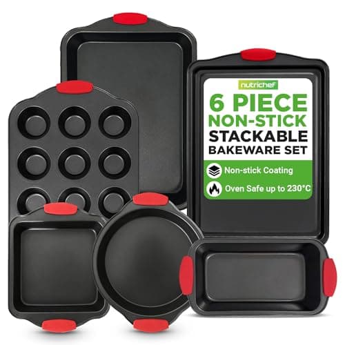 Image of NutriChef Baking Trays Sets for oven Non stick, 6 Piece Oven Tray Set, Includes Bakeware Cookie Sheets Pan, Loaf Pan, Muffin Tins, Cake Tin, Black w/ Red Silicone Handles