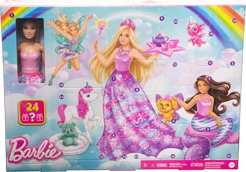 Image of Barbie Dreamtopia Doll and Advent Calendar with 24 Surprises like Fairytale Accessories, Mermaid and Fairy Clothes, and Unicorn and Dragon Pets, HVK26
