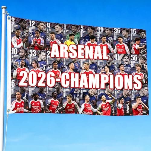 Image of Arsenal Champions 2026 Flag 90x150cm Large Fan Celebration Banner Lineup Illustration Ideal for Home, Garden, Bedroom or Match Day Display Red And White Colour Scheme Celebrate Victory