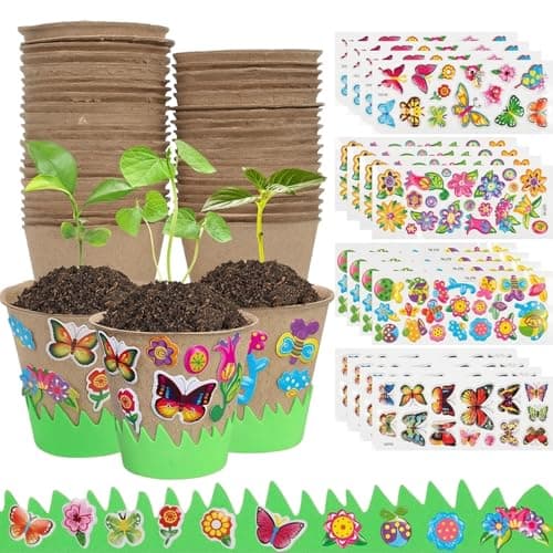 Image of Neptuiby Kids Plant Growing Kit Plant Kit for Kids Planting 30 Peat Pots with 20 Fun Stickers & 6 Fences Creative Garden for Gardening Mother's Day