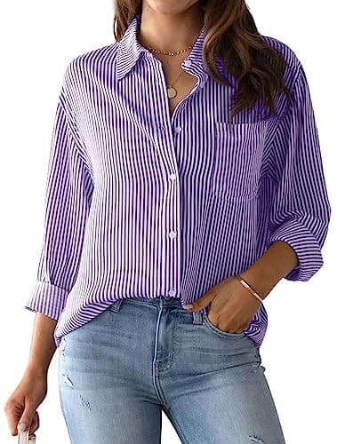 Image of MINTLIMIT Women's Striped Button Down Shirts Long Sleeve Casual Blouse Tops with Pockets for Women 2024 Purple