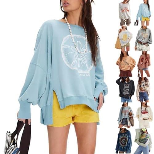Image of HUIFUAO Free People Sweatshirt for Women Plus Size Vintage Floral Print Free People Inspired Clothes Autumn Split Hem Pullover Trendy Long Sleeve Tops Funny Sweatshirts (Beige, S)
