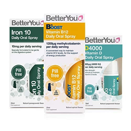Image of BetterYou Energy Boost Pack: Vitamin B12 + Vitamin DLux4000 + Iron 10 Oral Sprays (3 Pack)