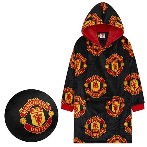 Image of Manchester United F.C. Boys Oversized Fleece Hoodie, Hooded Poncho, Cosy Loungewear - Gifts for Boys (Black Hoodie/Cushion)