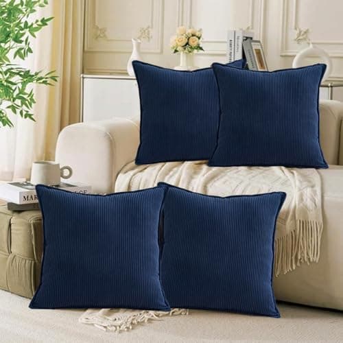 Image of Navy cushions 45 x 45cm set of 4 corduroy Cushion Square Striped plush Throw Pillow Case navy blue Cushion Covers for Living Room Sofa Bed Bedroom Home Decor Garden ornament Cushion Couch pillowcase