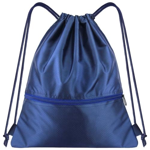 Image of Lunhoo Drawingstring PE Bag, Cinch Backpack with 2 Zip Pockets, Waterproof Lightweight Gym Sack Pack for Swimming, Sport, School, Travel, Beach, Men and Women (Blue)