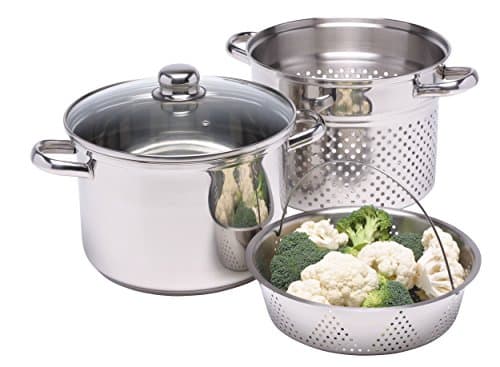Image of KitchenCraft World of Flavours Pasta Pot with Strainer and Vegetable Steamer Basket in Gift Box, Induction Safe, Stainless Steel, 4 litres
