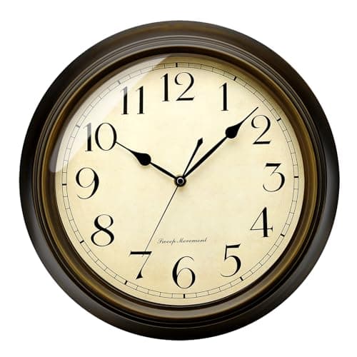 Image of Plumeet Retro Wall Clock 13'' Non Ticking Classic Silent Metal Wall Clocks Decorative Kitchen Living Room Bedroom - Battery Operated (13'', Arabic Numerals)