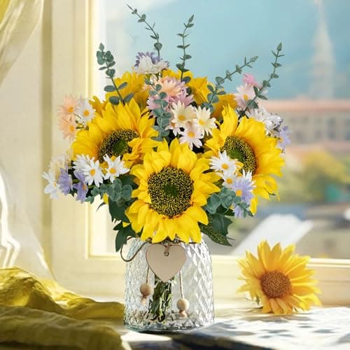 Image of BLOSMON Sunflowers Artificial Flowers in Vase: Fake Silk Sunflower Daisy Bouquet with Glass Vase Table Centrepiece Decorations - Spring Yellow Faux Arrangements Dining Living Room Kitchen Decor Gift