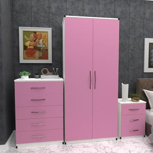 Image of Ready 3-Piece Bedroom Furniture Set, 2-Door Wardrobe 78cm, 5-Drawer Chest 72cm, 3-Drawer Bedside 40cm (Pink)