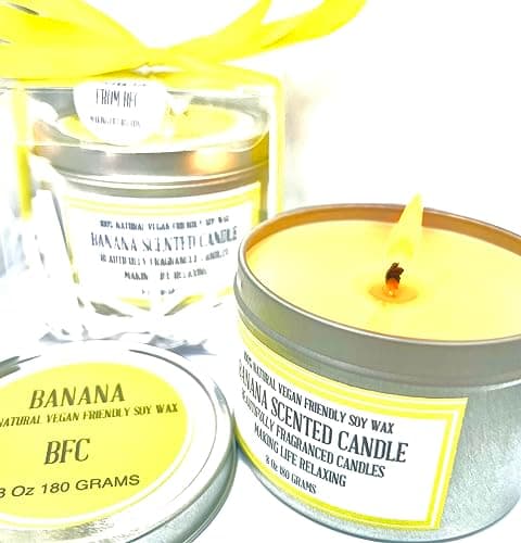 Image of Banana Scented Soy Wax Candle - Handmade BY BFC - Banana Scented 36 Hours Burn Time 8 Oz 180 Grams Soy Wax Candle Silver Brush Finish Tin. Candle Shipping on 48 Hour Tracked Service