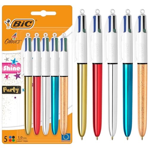 Image of BIC 4 Colours Shine and Party Retractable Ball Pens Medium Point (1.00 mm) in Metallic Silver, Gold, Red, Blue, and Frosty Gold - Pack of 5