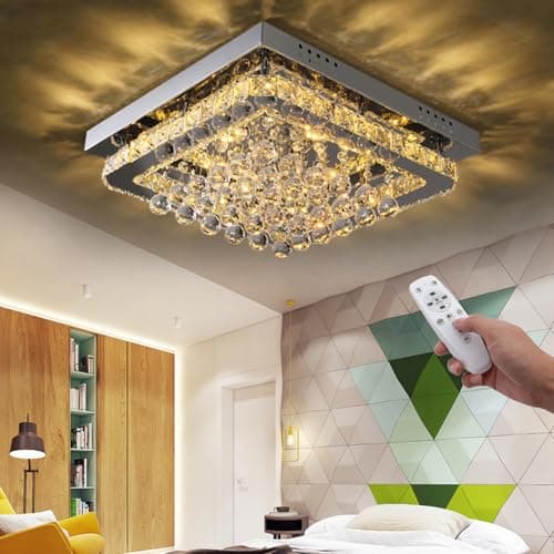 Image of XEMQENER Dimmable Crystal Ceiling Light, 30W LED Crystal Chandelier Light, Finish Chrome Flush Mount Ceiling Lamp for Living Room Kitchen Office Bedroom Dining Room(Remote Control, 3000k-6000k)