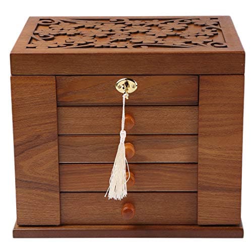 Image of Changsuo Wooden Jewelry Box for Women, Solid Wood Organizer with Combo Lock for Jewelries, Necklaces, Rings, Vintage Style Storage Box with Mirror (Cherry)