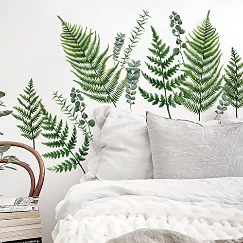 Image of Runtoo Large Fern Leaves Wall Art Stickers Green Plant Vine Wall Decal Living Room Bedroom Nursery Wall Decor