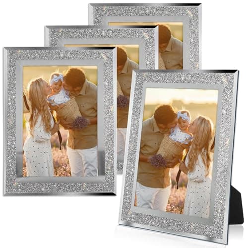 Image of LOSYHU 4 Pack 6x4 Inches Crystal Glitter Photo Frames Sparkly Silver Picture Frame Silver Glass Photo Frame for Tabletop Display, Home and Office Decoration