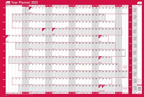 Image of Sasco 2023 Compact Year Wall Planner Landscape with wet wipe pen & sticker pack, Red, Poster Style, 610mmW x 405mmH. 2410196