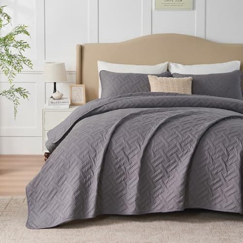 Image of beeweed Quilt Set Super King Size 3 Pieces, Lightweight Microfiber Basket Pattern Bedspreads for All Season, Grey Soft Summer Coverlet Set with Ultrasonic Quilting Technology