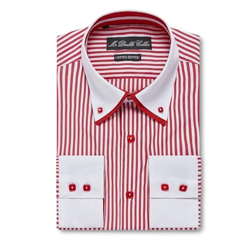 Image of MrDoubleCollar Italian Design Yellow Floral Contrast Double Collar Long Sleeve Shirt (UK, Alpha, XL, Regular, Regular, Red Pinstripe)