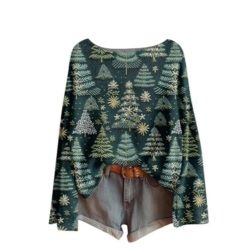 Image of TURWXGSO Christmas Jumpers for Women UK Retro Bohemian Xmas Tree Graphic Print Sweaters Long Sleeve Round Neck Knit Pullover Sweatshirts Loose Causal Winter Christmas Party Holiday Tops