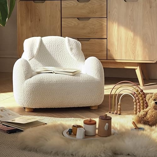 Image of CuddleCo Etta Kids Chair in Boucle Mushroom - Toddler-Sized Fun with Bunny or Bear-Ear Design, Soft & Cosy Boucle Finish, Comfortable & Lightweight for Little Ones (Bunny)