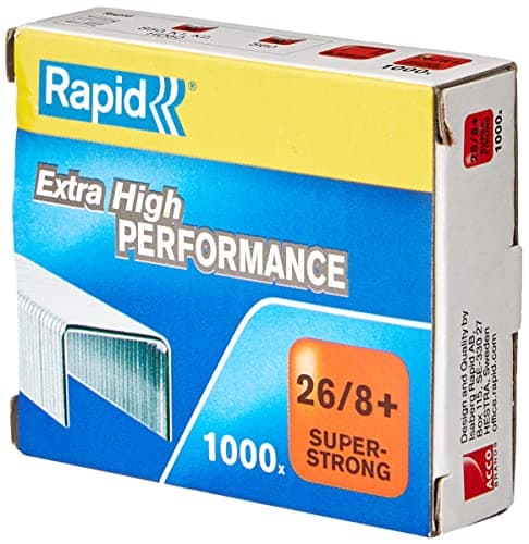 Image of Rapid 26/8+mm Super Strong Staples, For Stapling up to 50 Sheets, Use with Desktop Staplers and Pliers, Galvanised Wire, Box of 1000, 24861600